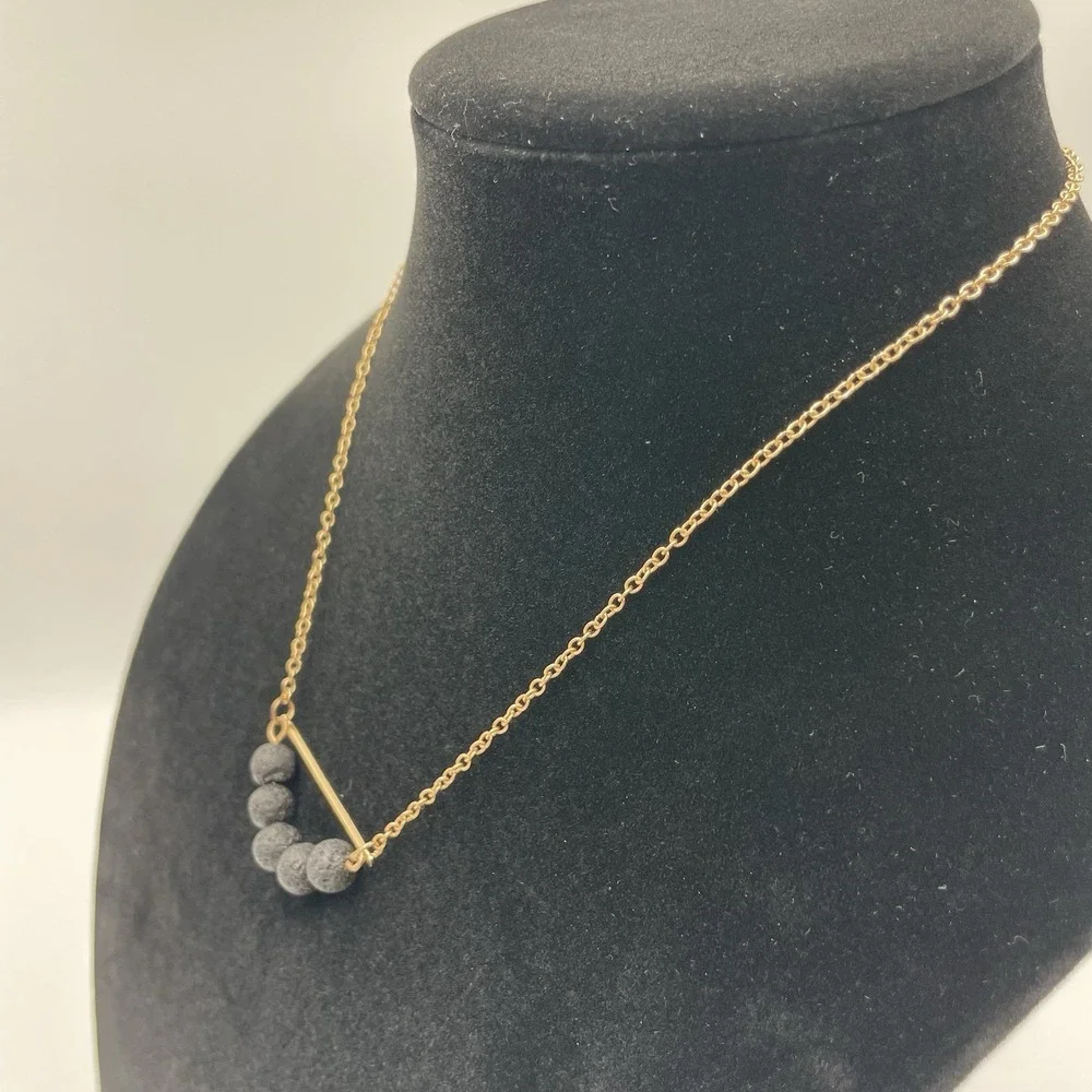 Gold Tone Black Lava Stone Aromatherapy Essential Oil Statement Necklace 18-20